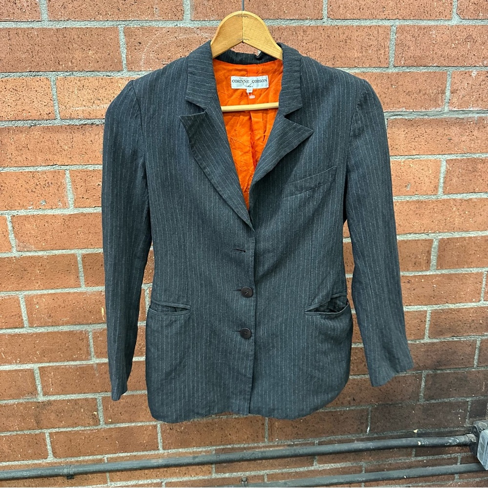 Corinne Cobson Dark Gray Pinstripe Women's Blazer with Orange Lining